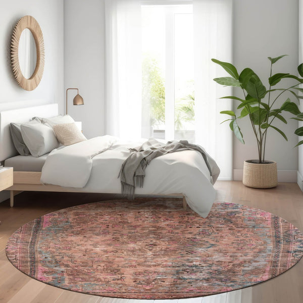 HomeRoots 5' Elegant Medallion Washable Area Rug in Soft Pink and Mauve - Durable, Stylish for Indoor & Outdoor Use 8' Round 616072