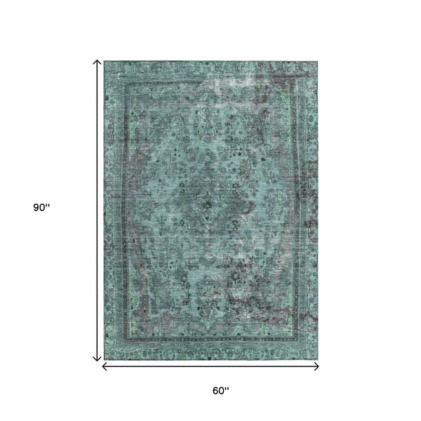 HomeRoots 5' Vibrant Teal Blue Medallion Area Rug for Indoor & Outdoor Spaces – Durable, Washable & Stylish 5' X 8' 616077