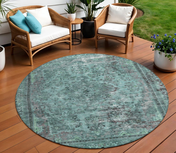 HomeRoots 5' Vibrant Teal Blue Medallion Area Rug for Indoor & Outdoor Spaces – Durable, Washable & Stylish 8' Round 616078