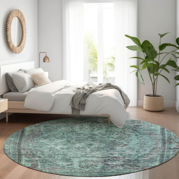 HomeRoots 5' Vibrant Teal Blue Medallion Area Rug for Indoor & Outdoor Spaces – Durable, Washable & Stylish 8' Round 616078