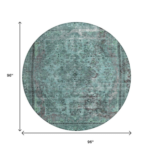 HomeRoots 5' Vibrant Teal Blue Medallion Area Rug for Indoor & Outdoor Spaces – Durable, Washable & Stylish 8' Round 616078