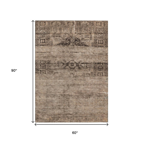 HomeRoots 5' Durable Brown and Taupe Medallion Area Rug – Washable, Versatile for Indoor and Outdoor Spaces 5' X 8' 616107