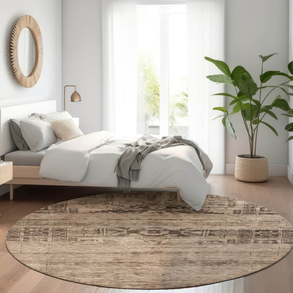 HomeRoots 5' Durable Brown and Taupe Medallion Area Rug – Washable, Versatile for Indoor and Outdoor Spaces 8' Round 616108