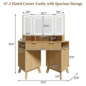 English Elm 47.2" Corner Lighted Makeup Vanity with Fluted Panel Tri-fold Mirror and Charging Station Oak N704P392485N