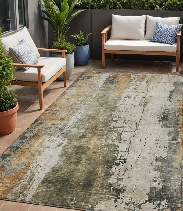 HomeRoots 5' Contemporary Olive Green and Ivory Abstract Area Rug - Washable, Durable for Indoor & Outdoor Use 5' X 8' 616179