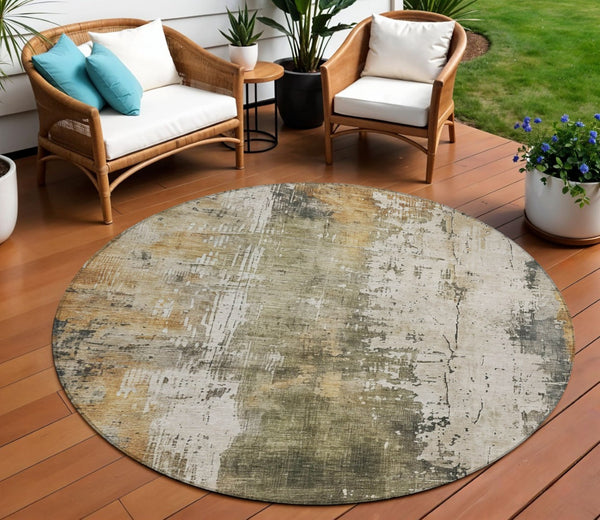 HomeRoots 5' Contemporary Olive Green and Ivory Abstract Area Rug - Washable, Durable for Indoor & Outdoor Use 8' Round 616180