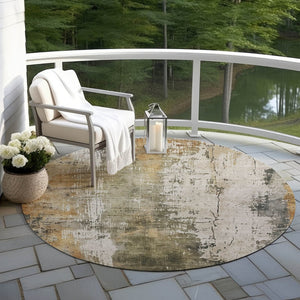 HomeRoots 5' Contemporary Olive Green and Ivory Abstract Area Rug - Washable, Durable for Indoor & Outdoor Use 8' Round 616180