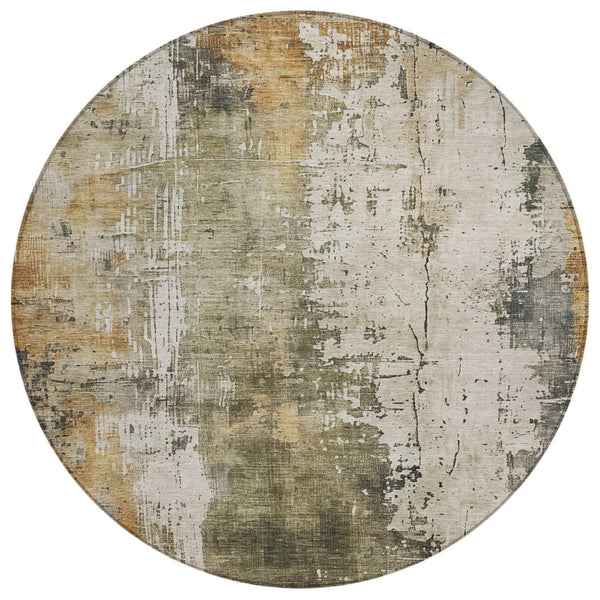 HomeRoots 5' Contemporary Olive Green and Ivory Abstract Area Rug - Washable, Durable for Indoor & Outdoor Use 8' Round 616180