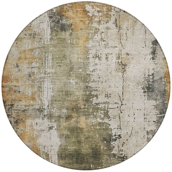 HomeRoots 5' Contemporary Olive Green and Ivory Abstract Area Rug - Washable, Durable for Indoor & Outdoor Use 8' Round 616180