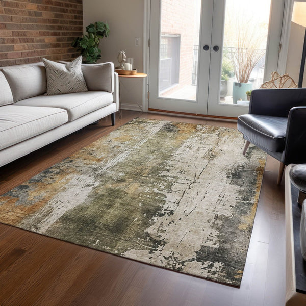 HomeRoots 5' Contemporary Olive Green and Ivory Abstract Area Rug - Washable, Durable for Indoor & Outdoor Use 9' X 12' 616182