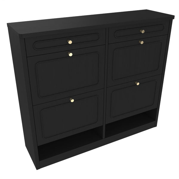 English Elm Wooden Farmhouse Entryway Shoe Cabinet with Six Drawers for Organized Hallway Storage Black W1580P402824