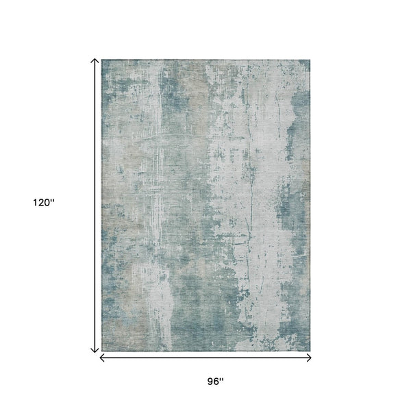 HomeRoots 5' Turquoise and Ivory Abstract Area Rug - Machine Washable, Durable for Indoor and Outdoor Use 8' X 10' 616205