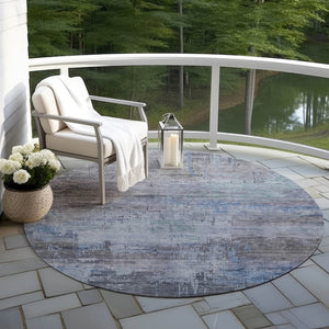 HomeRoots 5' Gray and Blue Abstract Washable Area Rug - Versatile Indoor/Outdoor Design for Modern Spaces 8' Round 616234