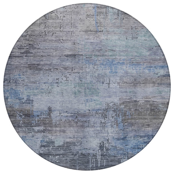 HomeRoots 5' Gray and Blue Abstract Washable Area Rug - Versatile Indoor/Outdoor Design for Modern Spaces 8' Round 616234