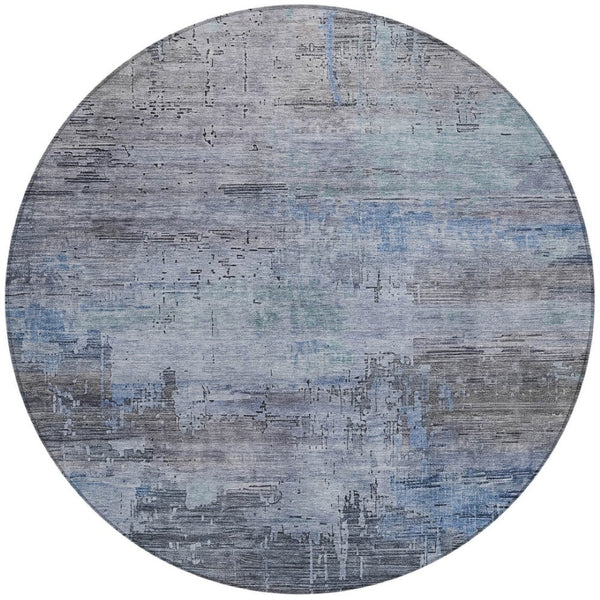 HomeRoots 5' Gray and Blue Abstract Washable Area Rug - Versatile Indoor/Outdoor Design for Modern Spaces 8' Round 616234