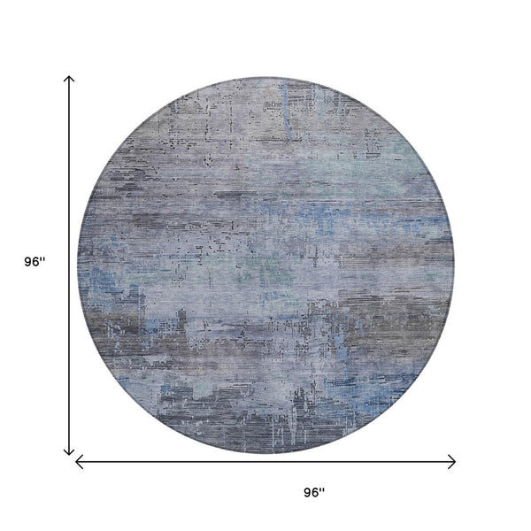 HomeRoots 5' Gray and Blue Abstract Washable Area Rug - Versatile Indoor/Outdoor Design for Modern Spaces 8' Round 616234