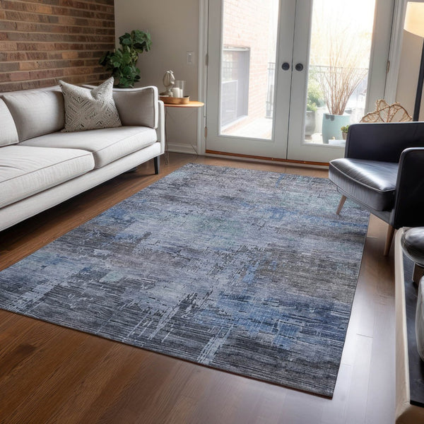 HomeRoots 5' Gray and Blue Abstract Washable Area Rug - Versatile Indoor/Outdoor Design for Modern Spaces 8' X 10' 616235