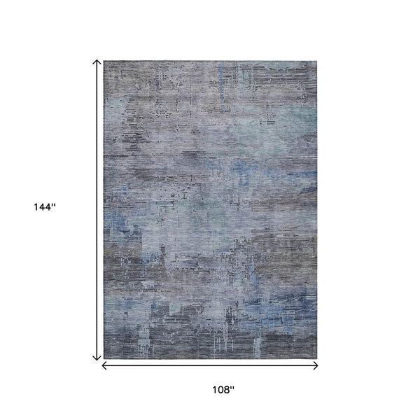 HomeRoots 5' Gray and Blue Abstract Washable Area Rug - Versatile Indoor/Outdoor Design for Modern Spaces 9' X 12' 616236