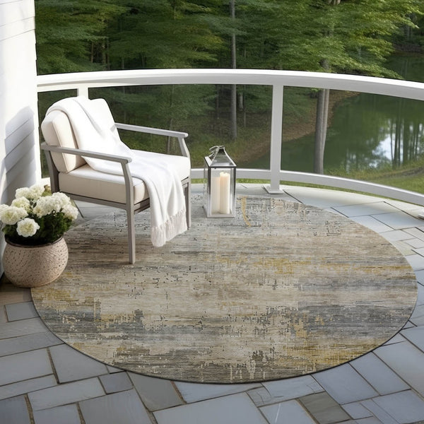 HomeRoots 5' Elegant Pewter & Wheat Abstract Area Rug - Washable, Durable, Perfect for Indoor/Outdoor Use 8' Round 616246