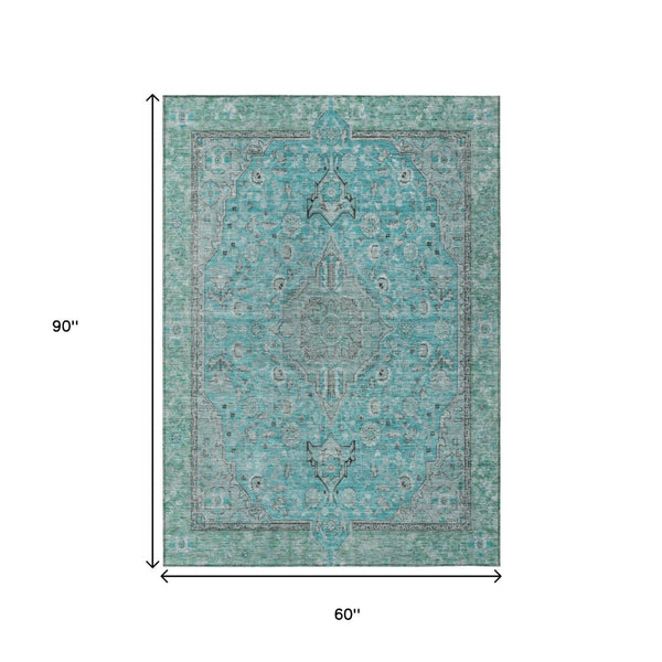 HomeRoots 5' Aqua and Teal Medallion Area Rug - Durable, Washable, Perfect for Indoor and Outdoor Spaces! 5' X 8' 616257