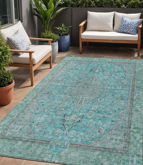 HomeRoots 5' Aqua and Teal Medallion Area Rug - Durable, Washable, Perfect for Indoor and Outdoor Spaces! 5' X 8' 616257