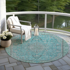 HomeRoots 5' Aqua and Teal Medallion Area Rug - Durable, Washable, Perfect for Indoor and Outdoor Spaces! 8' Round 616258