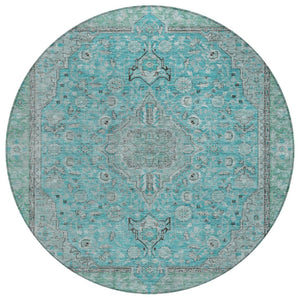 HomeRoots 5' Aqua and Teal Medallion Area Rug - Durable, Washable, Perfect for Indoor and Outdoor Spaces! 8' Round 616258