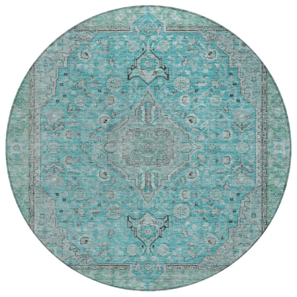 HomeRoots 5' Aqua and Teal Medallion Area Rug - Durable, Washable, Perfect for Indoor and Outdoor Spaces! 8' Round 616258