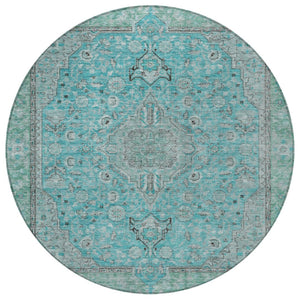 HomeRoots 5' Aqua and Teal Medallion Area Rug - Durable, Washable, Perfect for Indoor and Outdoor Spaces! 8' Round 616258