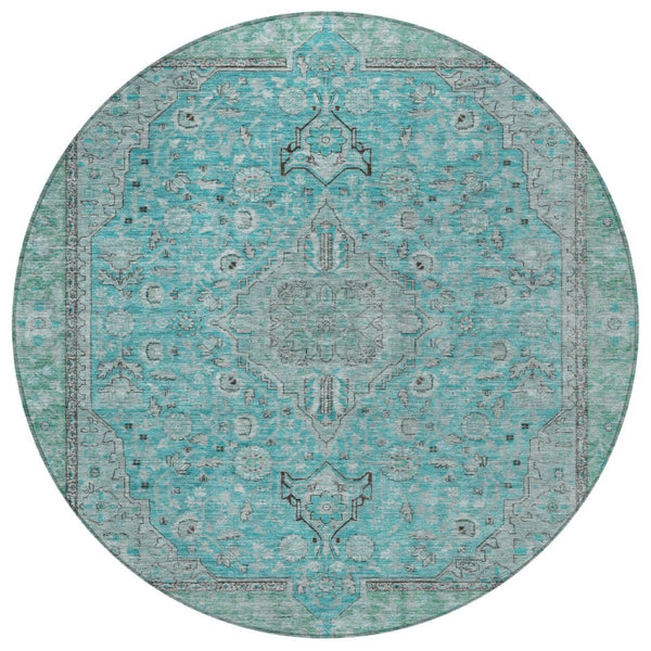 HomeRoots 5' Aqua and Teal Medallion Area Rug - Durable, Washable, Perfect for Indoor and Outdoor Spaces! 8' Round 616258