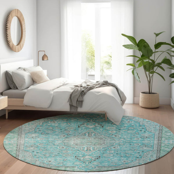 HomeRoots 5' Aqua and Teal Medallion Area Rug - Durable, Washable, Perfect for Indoor and Outdoor Spaces! 8' Round 616258