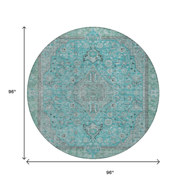 HomeRoots 5' Aqua and Teal Medallion Area Rug - Durable, Washable, Perfect for Indoor and Outdoor Spaces! 8' Round 616258