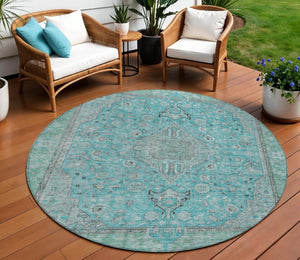 HomeRoots 5' Aqua and Teal Medallion Area Rug - Durable, Washable, Perfect for Indoor and Outdoor Spaces! 8' Round 616258