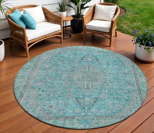 HomeRoots 5' Aqua and Teal Medallion Area Rug - Durable, Washable, Perfect for Indoor and Outdoor Spaces! 8' Round 616258