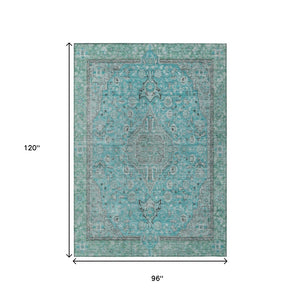 HomeRoots 5' Aqua and Teal Medallion Area Rug - Durable, Washable, Perfect for Indoor and Outdoor Spaces! 8' X 10' 616259