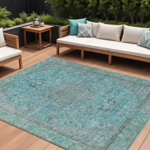 HomeRoots 5' Aqua and Teal Medallion Area Rug - Durable, Washable, Perfect for Indoor and Outdoor Spaces! 8' X 10' 616259