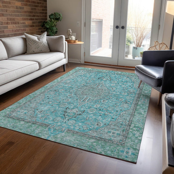 HomeRoots 5' Aqua and Teal Medallion Area Rug - Durable, Washable, Perfect for Indoor and Outdoor Spaces! 8' X 10' 616259