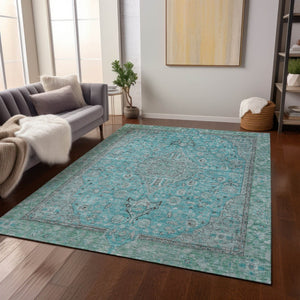 HomeRoots 5' Aqua and Teal Medallion Area Rug - Durable, Washable, Perfect for Indoor and Outdoor Spaces! 9' X 12' 616260