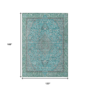 HomeRoots 5' Aqua and Teal Medallion Area Rug - Durable, Washable, Perfect for Indoor and Outdoor Spaces! 10' X 14' 616261