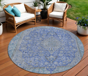 HomeRoots 5' Blue and Gray Medallion Area Rug - Durable, Washable Indoor/Outdoor Design for Versatile Spaces 8' Round 616264