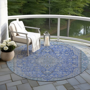 HomeRoots 5' Blue and Gray Medallion Area Rug - Durable, Washable Indoor/Outdoor Design for Versatile Spaces 8' Round 616264