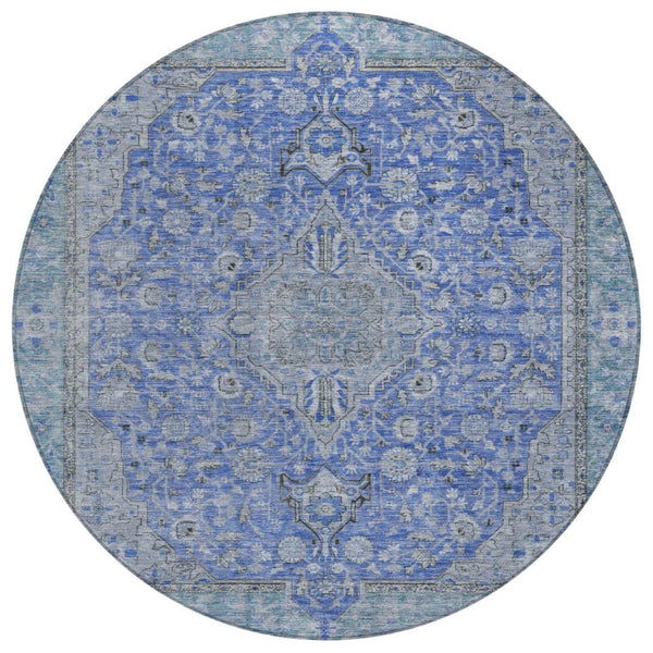 HomeRoots 5' Blue and Gray Medallion Area Rug - Durable, Washable Indoor/Outdoor Design for Versatile Spaces 8' Round 616264