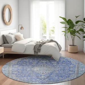 HomeRoots 5' Blue and Gray Medallion Area Rug - Durable, Washable Indoor/Outdoor Design for Versatile Spaces 8' Round 616264