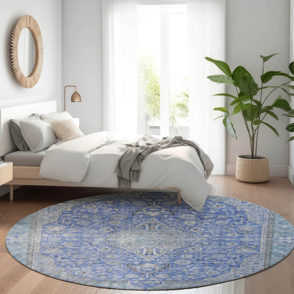 HomeRoots 5' Blue and Gray Medallion Area Rug - Durable, Washable Indoor/Outdoor Design for Versatile Spaces 8' Round 616264