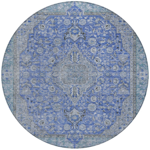 HomeRoots 5' Blue and Gray Medallion Area Rug - Durable, Washable Indoor/Outdoor Design for Versatile Spaces 8' Round 616264