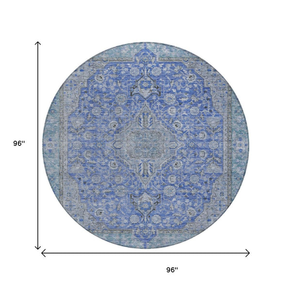 HomeRoots 5' Blue and Gray Medallion Area Rug - Durable, Washable Indoor/Outdoor Design for Versatile Spaces 8' Round 616264