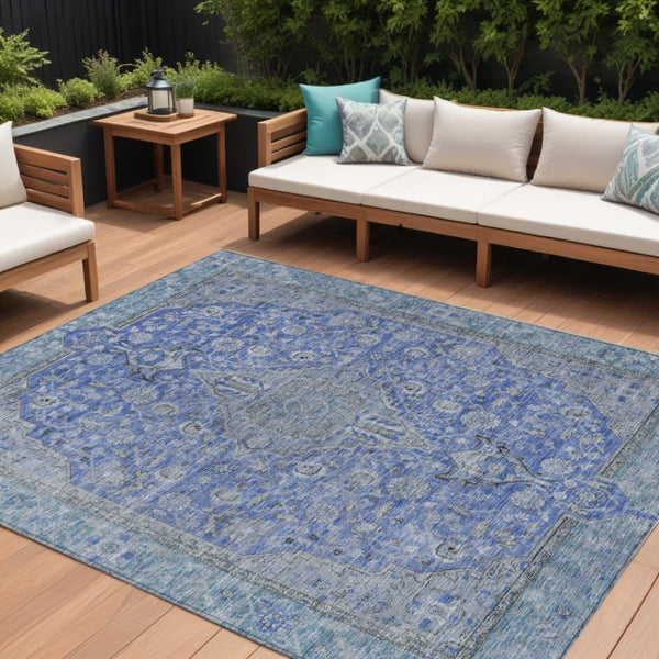 HomeRoots 5' Blue and Gray Medallion Area Rug - Durable, Washable Indoor/Outdoor Design for Versatile Spaces 9' X 12' 616266