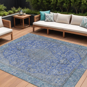 HomeRoots 5' Blue and Gray Medallion Area Rug - Durable, Washable Indoor/Outdoor Design for Versatile Spaces 10' X 14' 616267