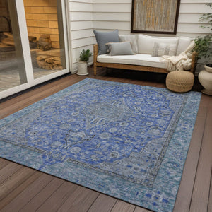 HomeRoots 5' Blue and Gray Medallion Area Rug - Durable, Washable Indoor/Outdoor Design for Versatile Spaces 10' X 14' 616267