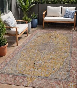 HomeRoots 5' Gold and Peach Medallion Indoor Outdoor Area Rug - Timeless Design, Easy Care, and Versatile Use 5' X 8' 616269